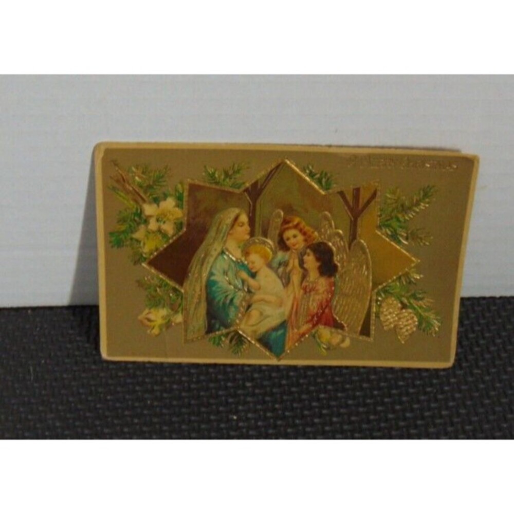 1909 Vintage Embossed postcard Merry Christmas Three Angels w/baby 1c stamp